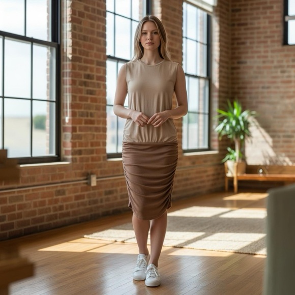 Ronny Kobo Collection Two-Tone Tan Midi Dress - Picture 2 of 11